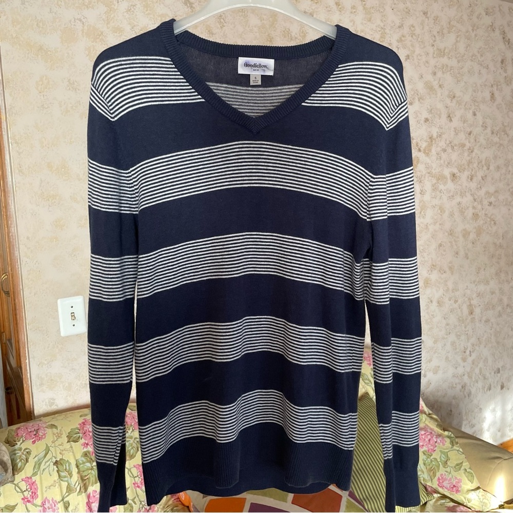 Navy Blue & White Striped V-neck Sweater